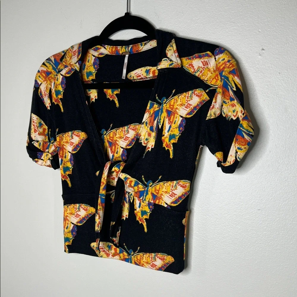 Free People Whimsical Butterfly Print Ready Set Sail Tie Front Crop Top size XS